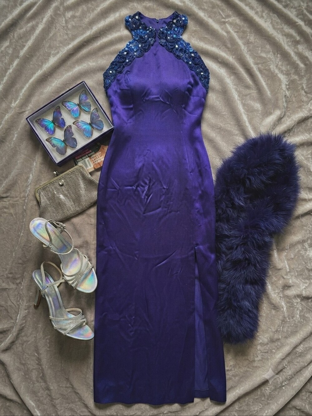 Jessica Mcclintock Gunne Sax Royal Blue Beaded Appliques Open Back Dress